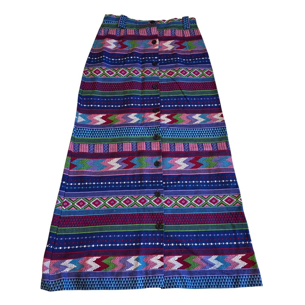 Vintage Prestige of Boston Aztec Tribal Button Front Maxi Skirt Size 13/14 Boho
